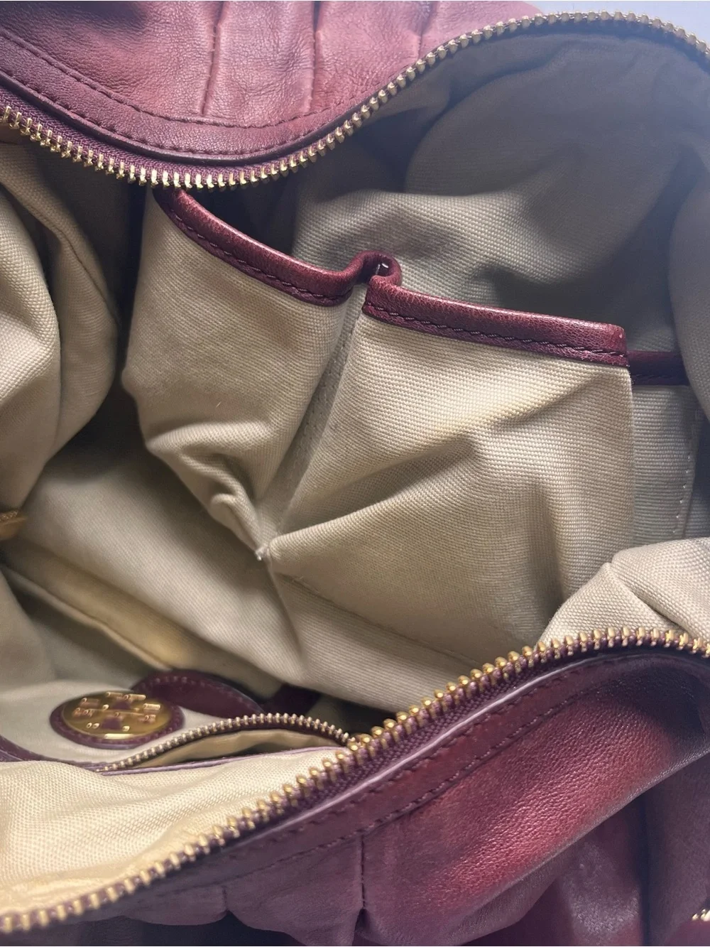 Tory Burch Leather Hobo Style Bag - Burgundy Leather